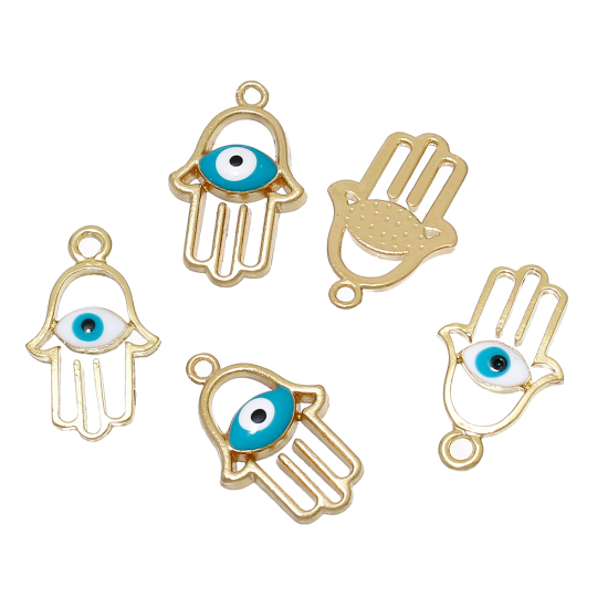 Image de Pendentifs en Alliage de Zinc Khamsa Symbole Paume Doré Bleu Œil Mauvais Email 25mm x 15mm, 10 Pcs