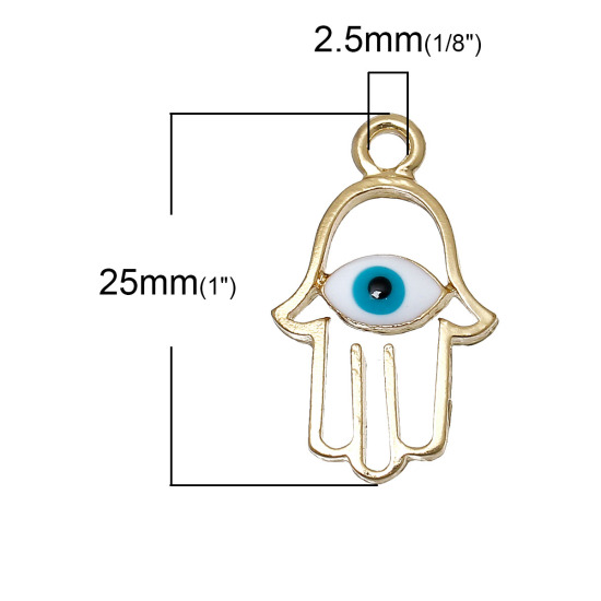 Image de Pendentifs en Alliage de Zinc Khamsa Symbole Paume Doré Bleu Œil Mauvais Email 25mm x 15mm, 10 Pcs