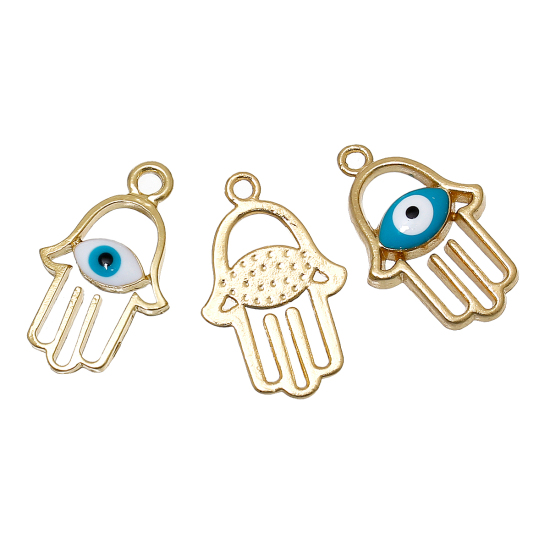 Image de Pendentifs en Alliage de Zinc Khamsa Symbole Paume Doré Bleu Œil Mauvais Email 25mm x 15mm, 10 Pcs