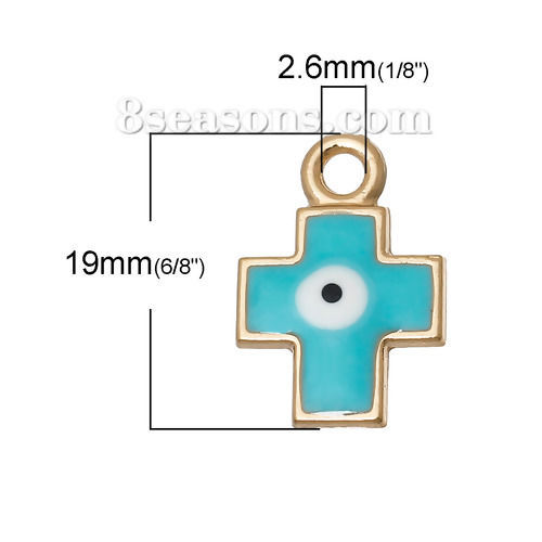 Image de 2 Pcs Breloques Religieux en Alliage de Zinc Doré Couleur Mélangée Au Hasard Croix Œil Mauvais Émail 19mm x 13mm