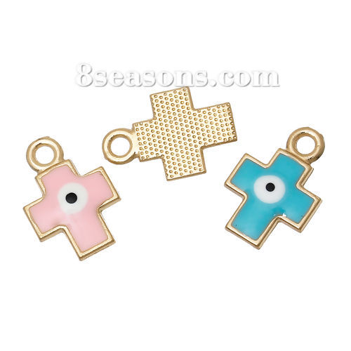 Image de 2 Pcs Breloques Religieux en Alliage de Zinc Doré Couleur Mélangée Au Hasard Croix Œil Mauvais Émail 19mm x 13mm