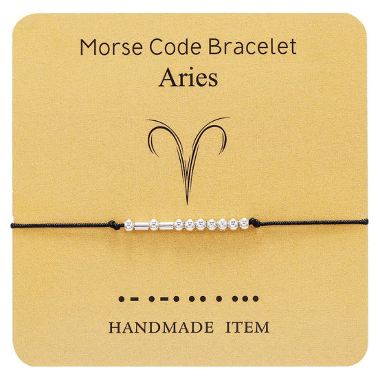 Изображение Brass Morse Code Braided Bracelets Silver Tone Black Aries Sign Of Zodiac Constellations Adjustable 1 Piece                                                                                                                                                   