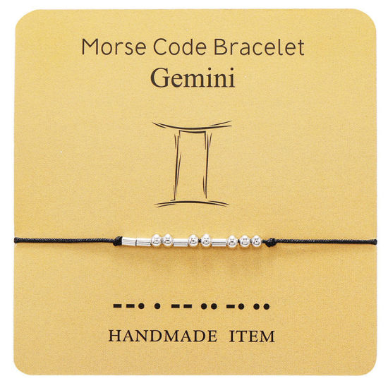 Picture of Brass Morse Code Braided Bracelets Silver Tone Black Gemini Sign Of Zodiac Constellations Adjustable 1 Piece                                                                                                                                                  