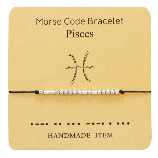 Изображение Brass Morse Code Braided Bracelets Silver Tone Black Pisces Sign Of Zodiac Constellations Adjustable 1 Piece                                                                                                                                                  