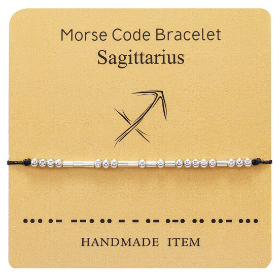 Изображение Brass Morse Code Braided Bracelets Silver Tone Black Sagittarius Sign Of Zodiac Constellations Adjustable 1 Piece                                                                                                                                             