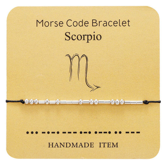 Bild von Messing Morsezeichen Geflochtene Armbänder Silberfarbe Schwarz Sternbild Skorpion Verstellbar 1 Strang                                                                                                                                                        