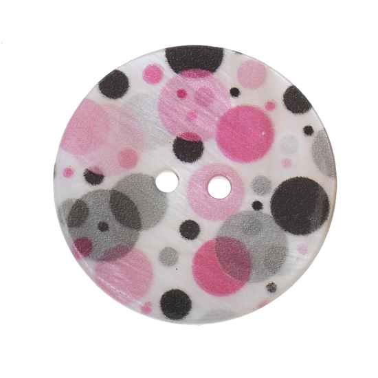 Picture of Natural Shell Sewing Button Scrapbooking 2 Holes Round Multicolor Dot Pattern 3cm(1 1/8") Dia, 12 PCs