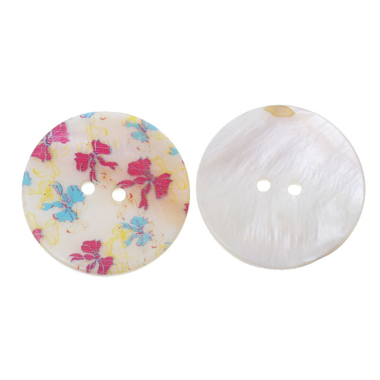 Picture of Natural Shell Sewing Button Scrapbooking 2 Holes Round Multicolor Bowknot Pattern 3cm(1 1/8") Dia, 12 PCs