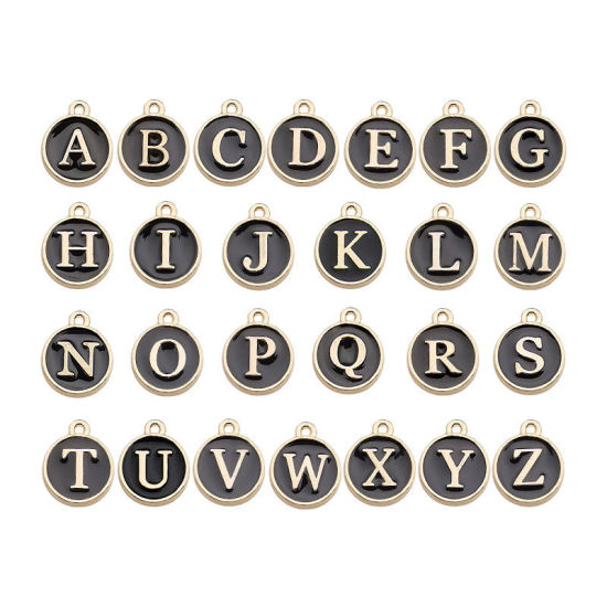 Picture of Zinc Based Alloy Charms Mixed Gold Plated Black Initial Alphabet/ Capital Letter Enamel 12mm Dia., 1 Set ( 26 PCs/Set)