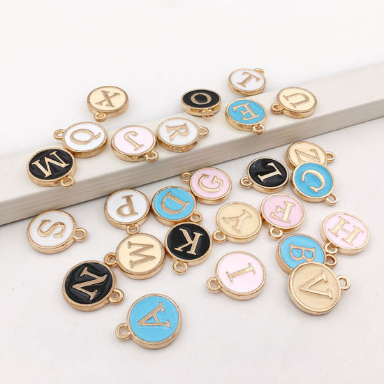 Picture of Zinc Based Alloy Charms Mixed Gold Plated Black Initial Alphabet/ Capital Letter Enamel 12mm Dia., 1 Set ( 26 PCs/Set)