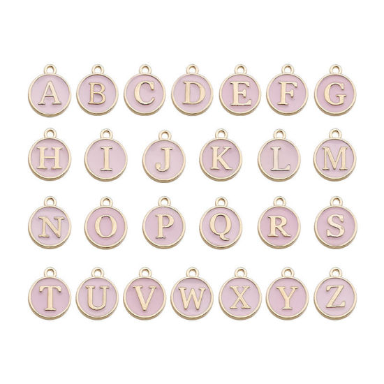 Picture of Zinc Based Alloy Charms Mixed Gold Plated Pink Initial Alphabet/ Capital Letter Enamel 12mm Dia., 1 Set ( 26 PCs/Set)