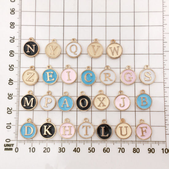 Picture of Zinc Based Alloy Charms Mixed Gold Plated Pink Initial Alphabet/ Capital Letter Enamel 12mm Dia., 1 Set ( 26 PCs/Set)