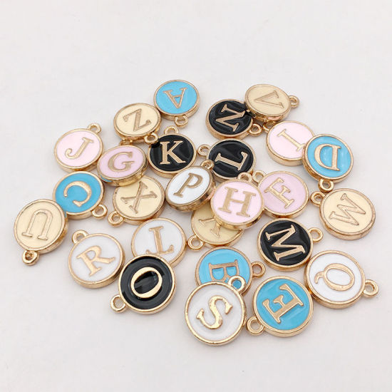 Picture of Zinc Based Alloy Charms Mixed Gold Plated Pink Initial Alphabet/ Capital Letter Enamel 12mm Dia., 1 Set ( 26 PCs/Set)