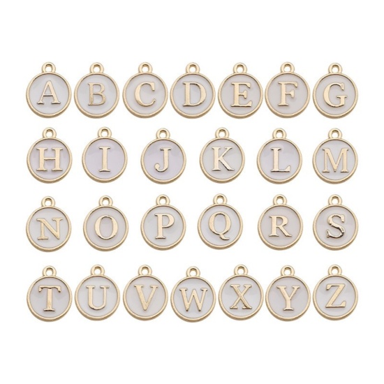 Picture of Zinc Based Alloy Charms Mixed Gold Plated White Initial Alphabet/ Capital Letter Enamel 12mm Dia., 1 Set ( 26 PCs/Set)