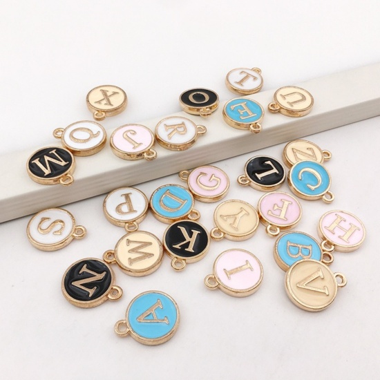 Picture of Zinc Based Alloy Charms Mixed Gold Plated White Initial Alphabet/ Capital Letter Enamel 12mm Dia., 1 Set ( 26 PCs/Set)