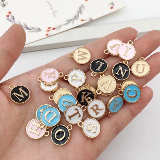 Picture of Zinc Based Alloy Charms Mixed Gold Plated White Initial Alphabet/ Capital Letter Enamel 12mm Dia., 1 Set ( 26 PCs/Set)