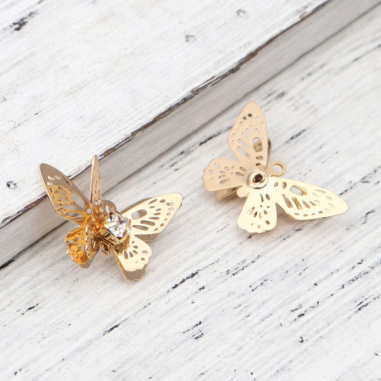 Image de Breloques Insecte en Laiton Papillon Doré Estampe en Filigrane à Strass Transparent 20mm x 13mm, 5 Pcs
