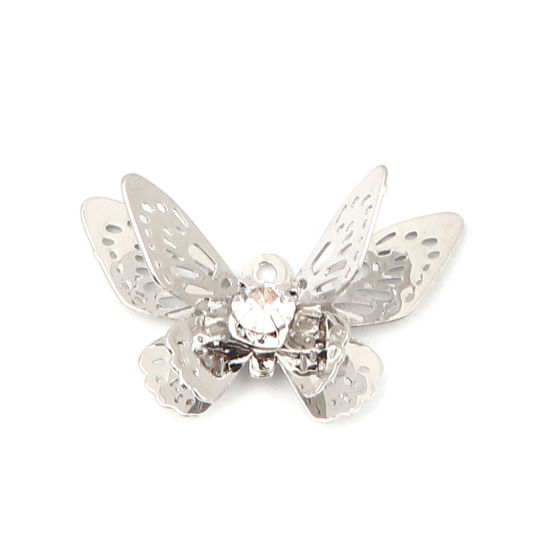 Image de Breloques Insecte en Laiton Papillon Argent Mat Estampe en Filigrane à Strass Transparent 20mm x 13mm, 5 Pcs