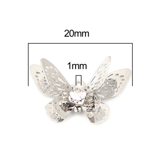 Image de Breloques Insecte en Laiton Papillon Argent Mat Estampe en Filigrane à Strass Transparent 20mm x 13mm, 5 Pcs