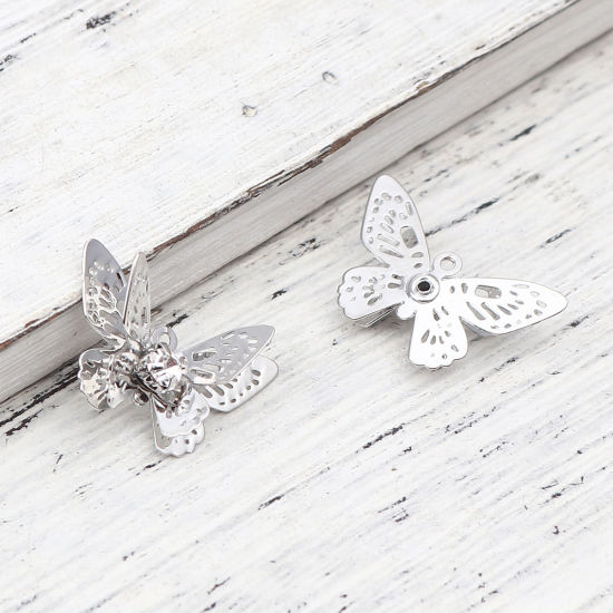 Image de Breloques Insecte en Laiton Papillon Argent Mat Estampe en Filigrane à Strass Transparent 20mm x 13mm, 5 Pcs