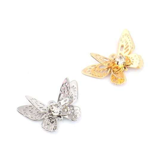 Image de Breloques Insecte en Laiton Papillon Argent Mat Estampe en Filigrane à Strass Transparent 20mm x 13mm, 5 Pcs