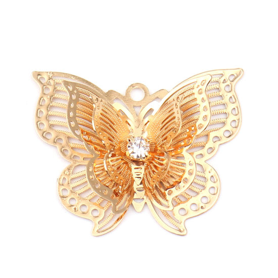 Immagine di Brass Insect Pendants Gold Plated Butterfly Animal Filigree Stamping Clear Rhinestone 30mm x 24mm, 5 PCs