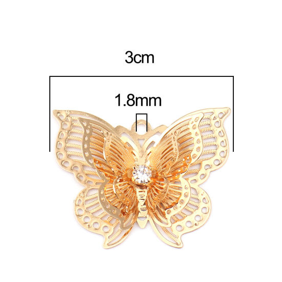 Immagine di Brass Insect Pendants Gold Plated Butterfly Animal Filigree Stamping Clear Rhinestone 30mm x 24mm, 5 PCs