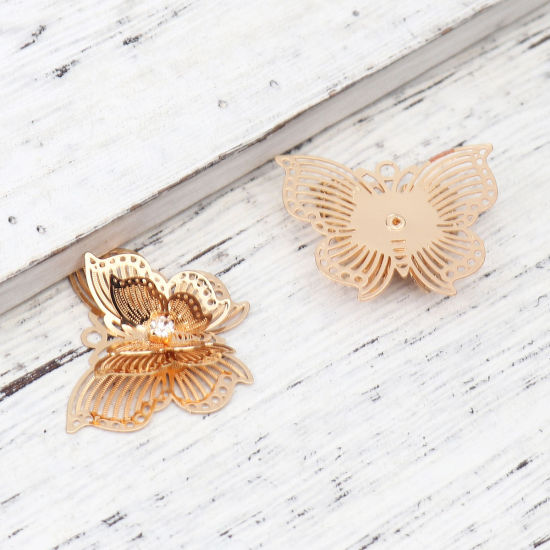 Immagine di Brass Insect Pendants Gold Plated Butterfly Animal Filigree Stamping Clear Rhinestone 30mm x 24mm, 5 PCs