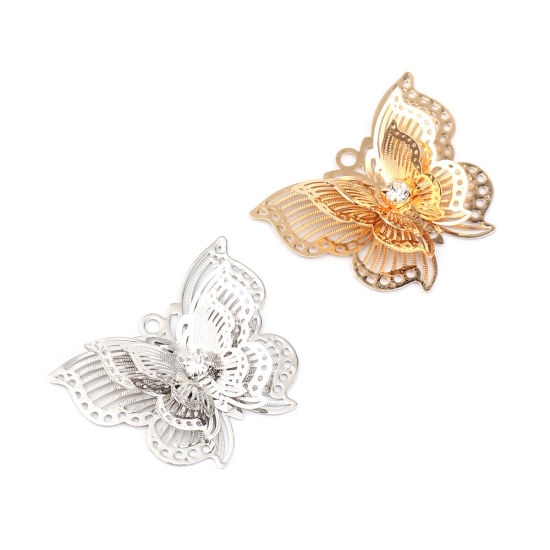 Immagine di Brass Insect Pendants Gold Plated Butterfly Animal Filigree Stamping Clear Rhinestone 30mm x 24mm, 5 PCs