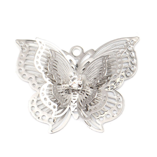 Immagine di Brass Insect Pendants Silver Tone Butterfly Animal Filigree Stamping Clear Rhinestone 30mm x 24mm, 5 PCs