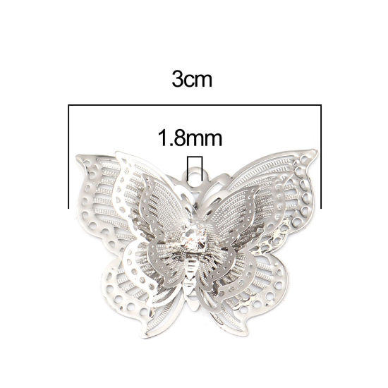 Immagine di Brass Insect Pendants Silver Tone Butterfly Animal Filigree Stamping Clear Rhinestone 30mm x 24mm, 5 PCs