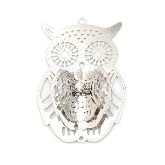 Picture of Brass Filigree Stamping Pendants Silver Tone Owl Animal Clear Rhinestone 54mm x 35mm, 3 PCs                                                                                                                                                                   