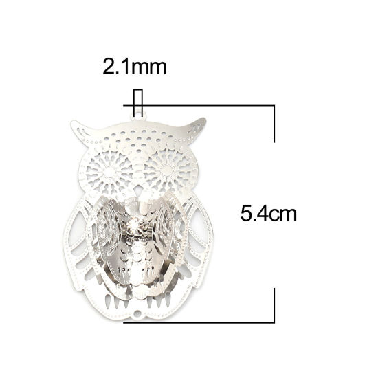 Picture of Brass Filigree Stamping Pendants Silver Tone Owl Animal Clear Rhinestone 54mm x 35mm, 3 PCs                                                                                                                                                                   