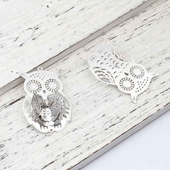 Picture of Brass Filigree Stamping Pendants Silver Tone Owl Animal Clear Rhinestone 54mm x 35mm, 3 PCs                                                                                                                                                                   