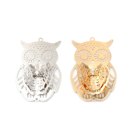 Picture of Brass Filigree Stamping Pendants Silver Tone Owl Animal Clear Rhinestone 54mm x 35mm, 3 PCs                                                                                                                                                                   