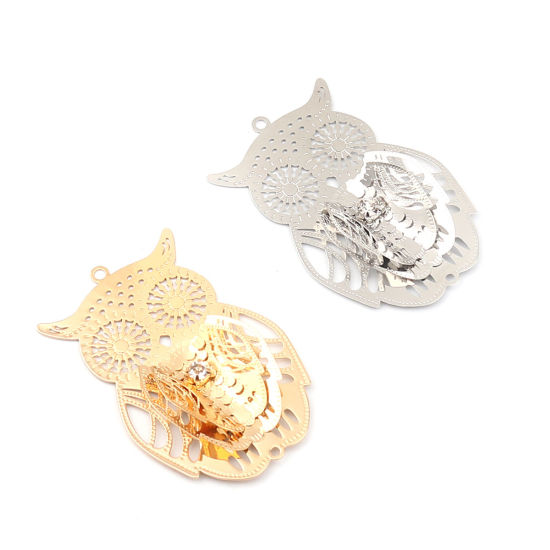 Picture of Brass Filigree Stamping Pendants Silver Tone Owl Animal Clear Rhinestone 54mm x 35mm, 3 PCs                                                                                                                                                                   