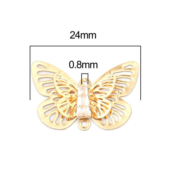 Изображение Brass Insect Charms Gold Plated Butterfly Animal Filigree Stamping Clear Rhinestone 24mm x 15mm, 5 PCs                                                                                                                                                        