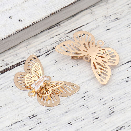 Изображение Brass Insect Charms Gold Plated Butterfly Animal Filigree Stamping Clear Rhinestone 24mm x 15mm, 5 PCs                                                                                                                                                        