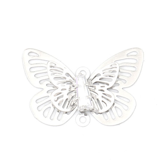 Изображение Brass Insect Charms Silver Tone Butterfly Animal Filigree Stamping Clear Rhinestone 24mm x 15mm, 5 PCs                                                                                                                                                        