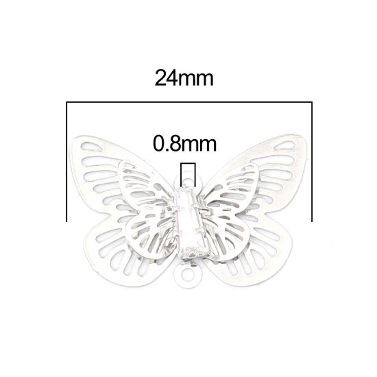 Изображение Brass Insect Charms Silver Tone Butterfly Animal Filigree Stamping Clear Rhinestone 24mm x 15mm, 5 PCs                                                                                                                                                        