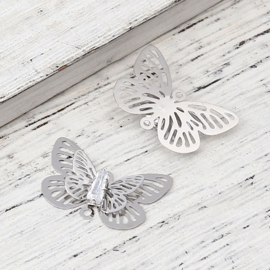 Изображение Brass Insect Charms Silver Tone Butterfly Animal Filigree Stamping Clear Rhinestone 24mm x 15mm, 5 PCs                                                                                                                                                        