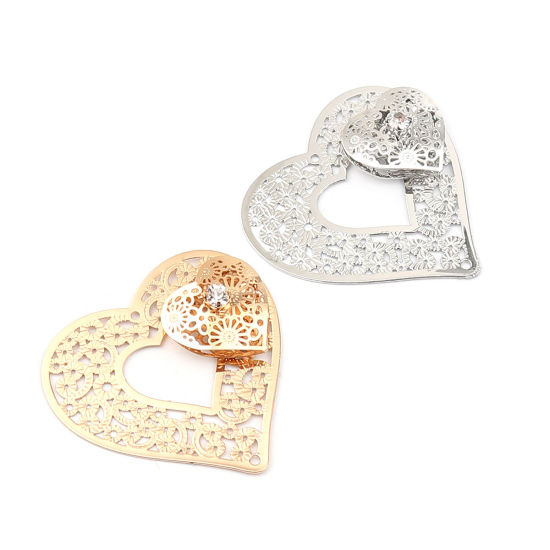 Image de Connecteurs La Saint Valentin en Laiton Cœur Doré Estampe en Filigrane à Strass Transparent 43mm x 43mm, 3 Pcs