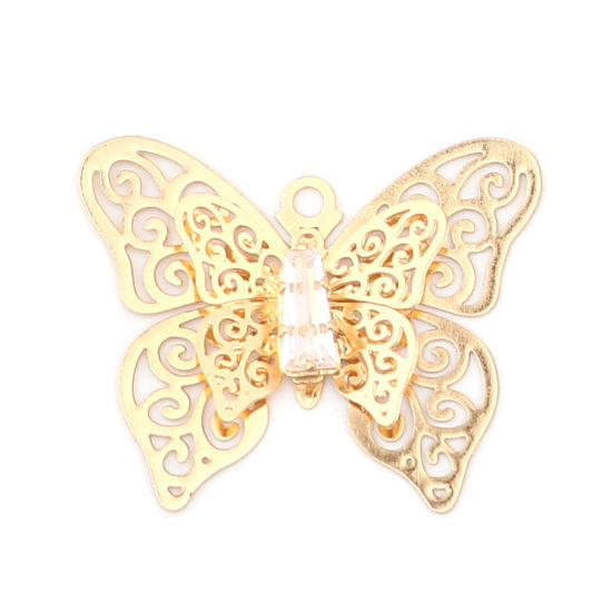 Изображение Brass Insect Charms Gold Plated Butterfly Animal Filigree Stamping Clear Rhinestone 26mm x 22mm, 5 PCs                                                                                                                                                        