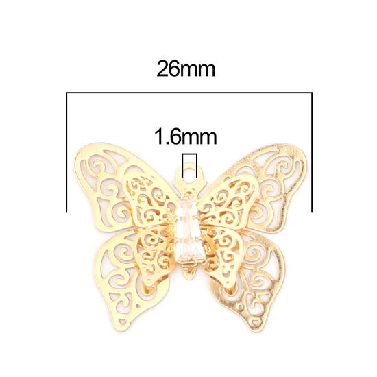 Изображение Brass Insect Charms Gold Plated Butterfly Animal Filigree Stamping Clear Rhinestone 26mm x 22mm, 5 PCs                                                                                                                                                        