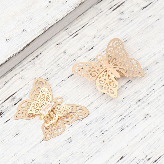 Изображение Brass Insect Charms Gold Plated Butterfly Animal Filigree Stamping Clear Rhinestone 26mm x 22mm, 5 PCs                                                                                                                                                        