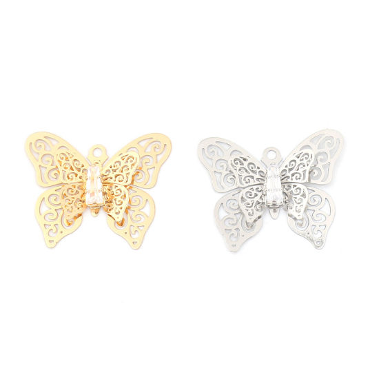 Изображение Brass Insect Charms Gold Plated Butterfly Animal Filigree Stamping Clear Rhinestone 26mm x 22mm, 5 PCs                                                                                                                                                        