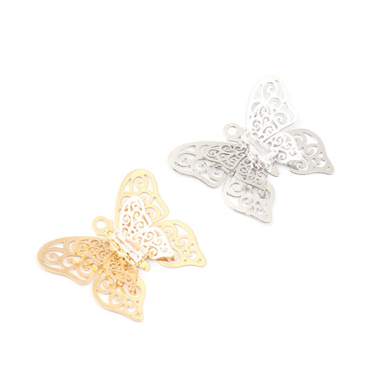 Изображение Brass Insect Charms Gold Plated Butterfly Animal Filigree Stamping Clear Rhinestone 26mm x 22mm, 5 PCs                                                                                                                                                        