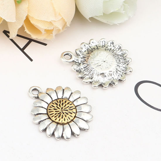 Immagine di Zinc Based Alloy Charms Gold Tone Antique Gold & Antique Silver Color Two Tone Sunflower 23mm x 19mm, 10 PCs