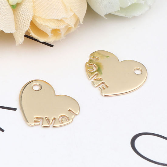 Immagine di Zinc Based Alloy Valentine's Day Charms Heart Gold Plated Message " LOVE " 17mm x 14mm, 10 PCs