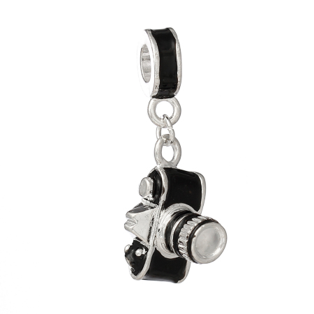 European Style Large Hole Charm Dangle Beads Travel Camera Silver Plated Black Enamel 34mm x 10mm, 5 PCs